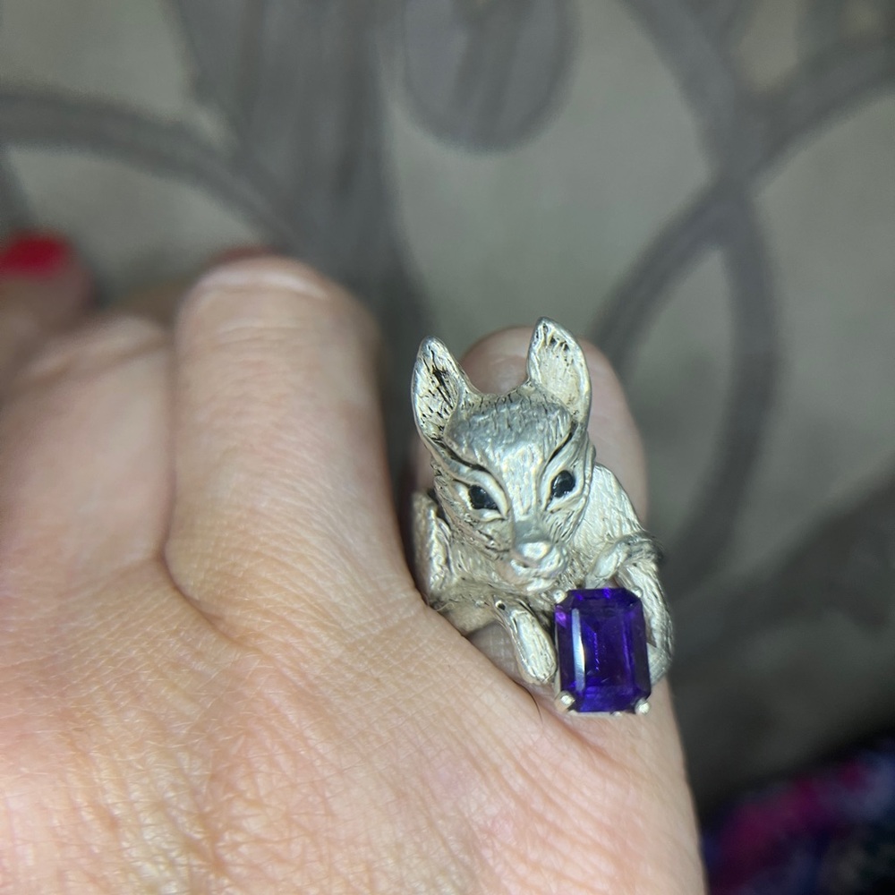 Sterling Silver Squirrel Ring with Purple Amethyst Gemstone Estate Jewelry
